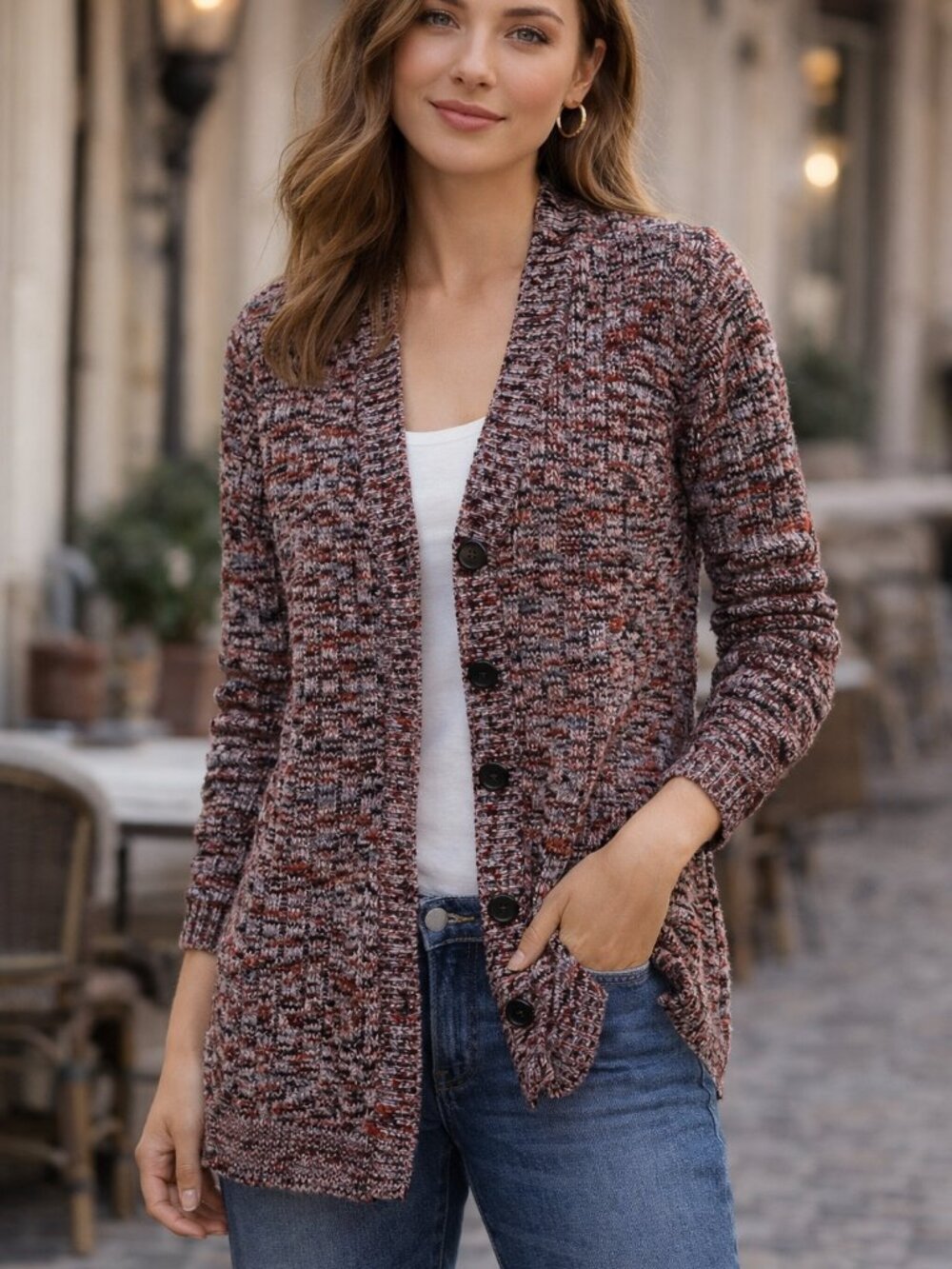 🪷 Marled Pink and Black Button-Front Women’s Sweater Cardigan